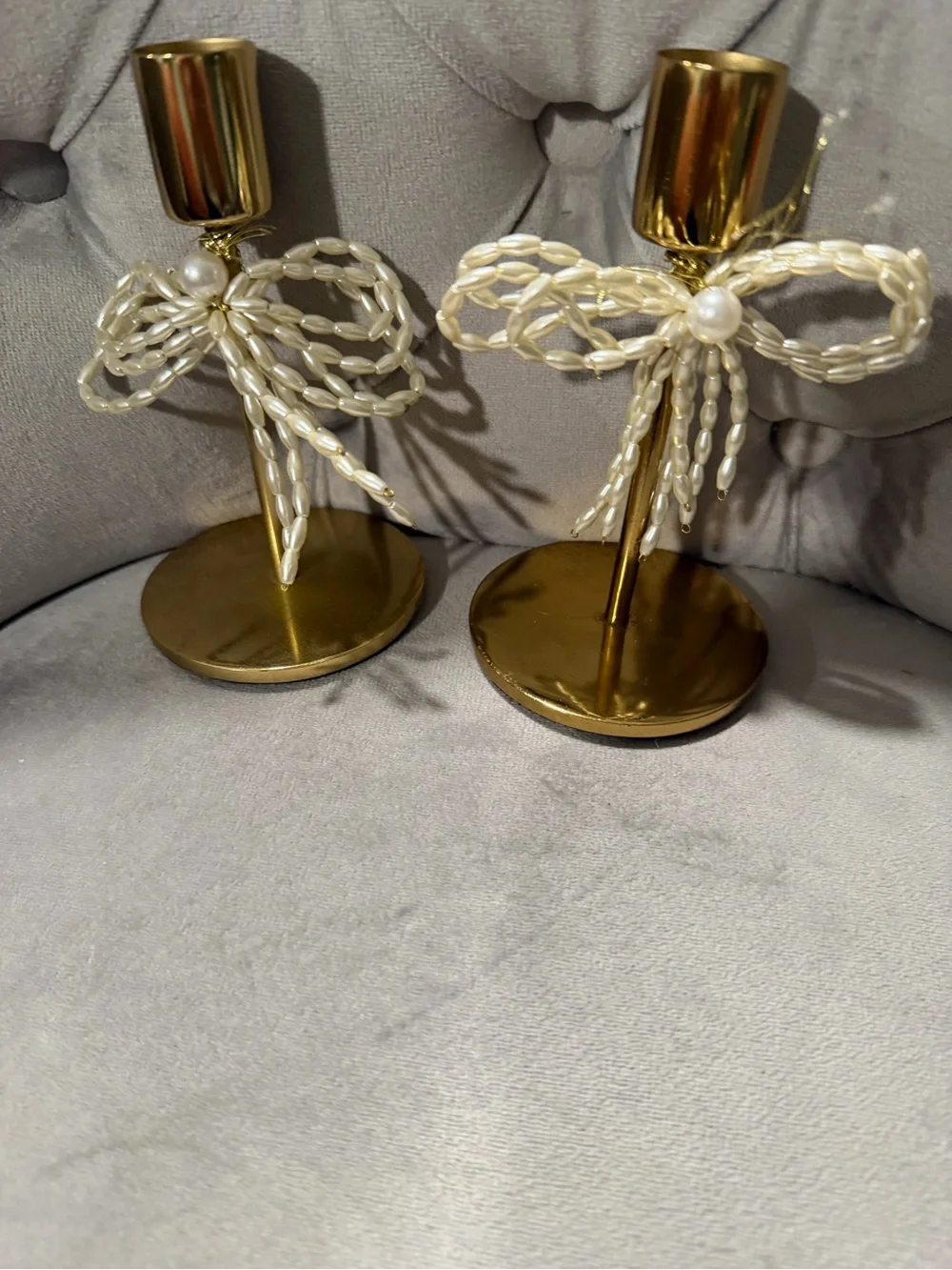 Anthropologie Gold Candlestick Holders with Pearl Bow Accents